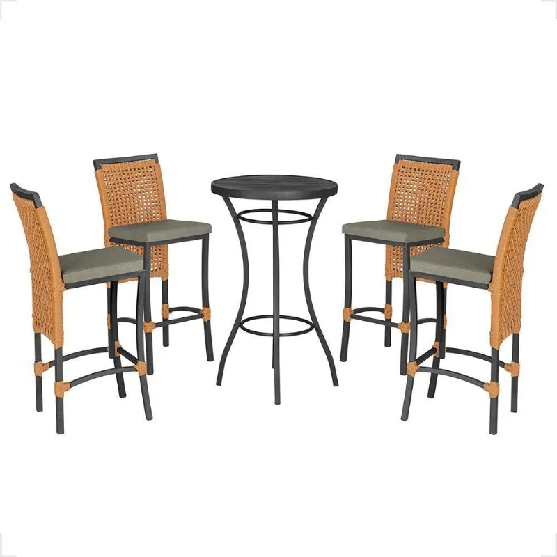 Mesa Bistrô E 4 Banquetas Roma Preta Corda Estofado 8 Trama Terra Cota - Trama