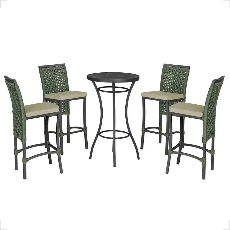 Mesa Bistrô E 4 Banquetas Roma Preta, Corda Estofado 7 Trama Verde - Trama