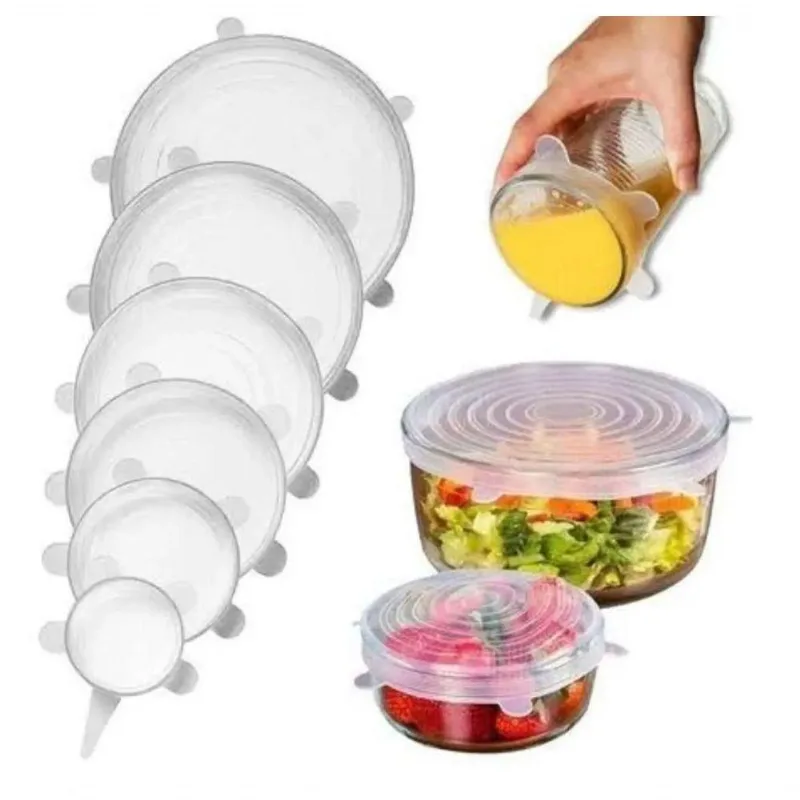 Kit Tampas de Silicone 6 Peças Universal Vedação Flexível Transparente