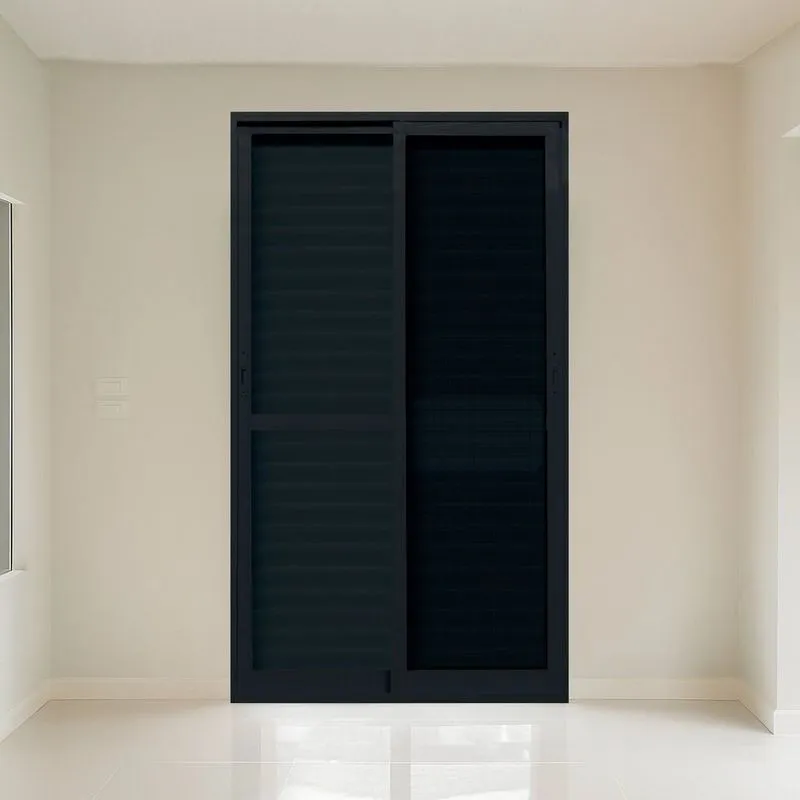 Porta Veneziana Com Tela Mosquiteira 1,50x2,15m Vidro Temperado 6mm Fábrica Do Alumínio Preto
