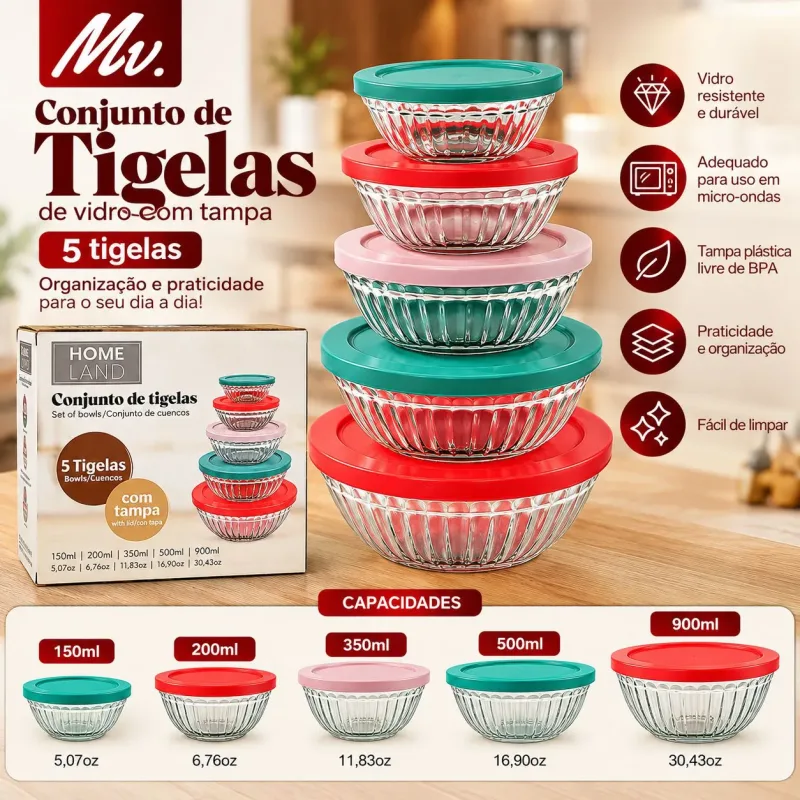 CONJUNTO DE TIGELAS DE VIDRO COM TAMPA - 5 PEÇAS
