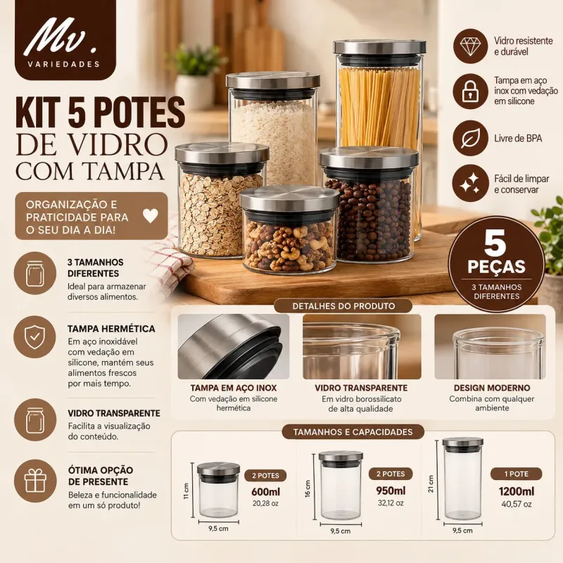KIT 5 POTES DE VIDRO COM TAMPA HERMÉTICA