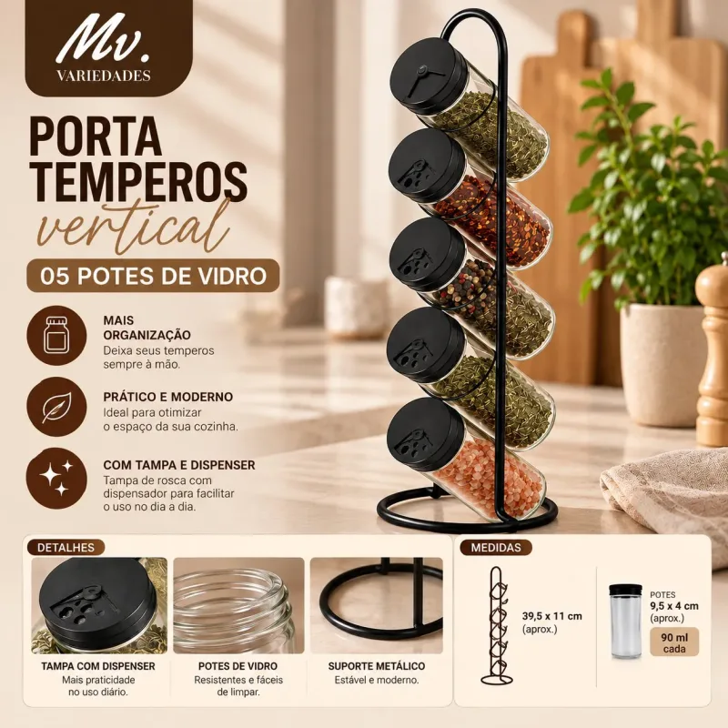PORTA TEMPEROS VERTICAL COM 5 POTES
