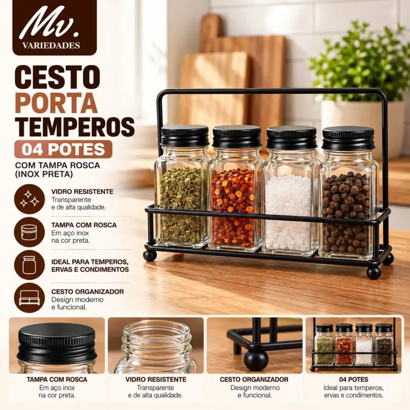 CESTO PORTA TEMPEROS COM 4 POTES