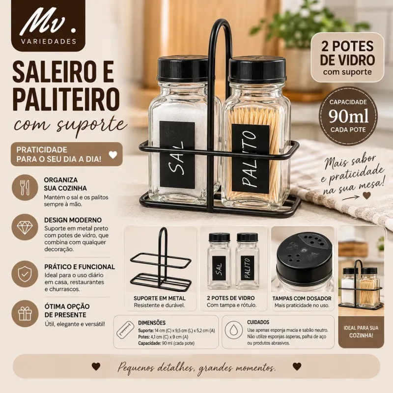CONJUNTO SALEIRO E PALITEIRO COM SUPORTE