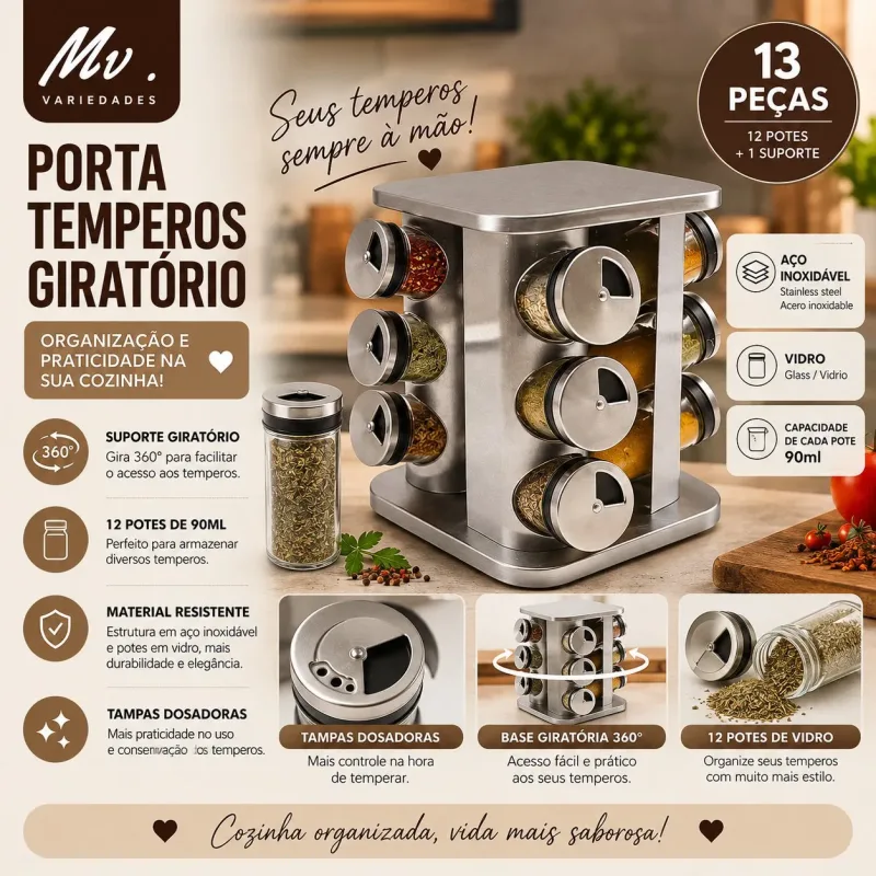 PORTA TEMPEROS GIRATÓRIO - 13 PEÇAS
