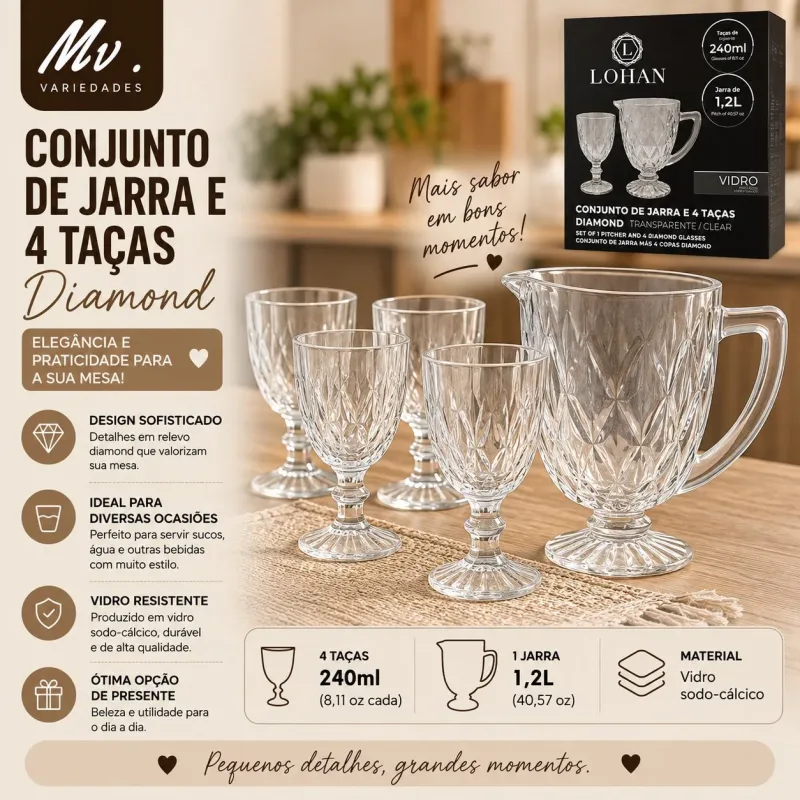 CONJUNTO DE JARRA E 4 TAÇAS DIAMOND - 5 PEÇAS