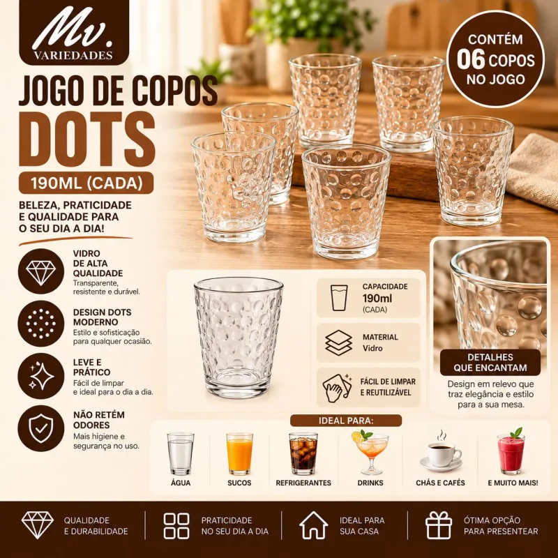 JOGO DE COPOS DE VIDRO DOTS - 6 PEÇAS