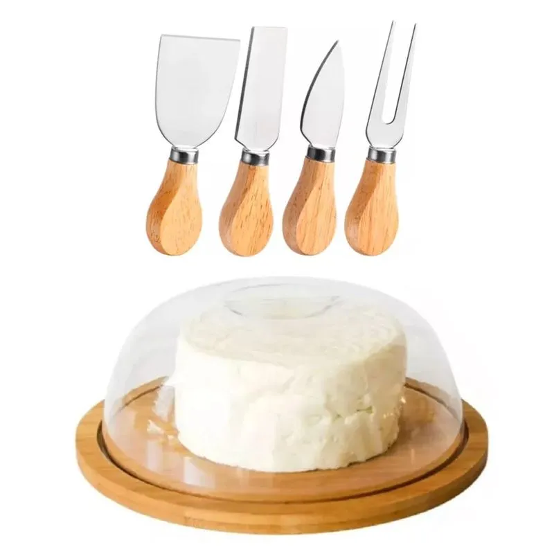 Kit Porta Queijo Queijeira + Jogo Para Cortar Queijo - Bambu