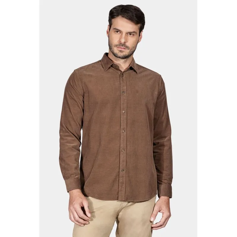 Camisa Manga Longa Slim em Veludo Cotelê Cáqui - XGG