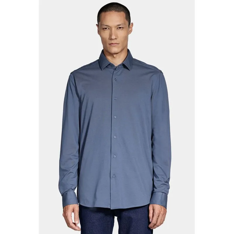 Camisa Manga Longa Slim Piquet de Malha Azul Escuro - XGG