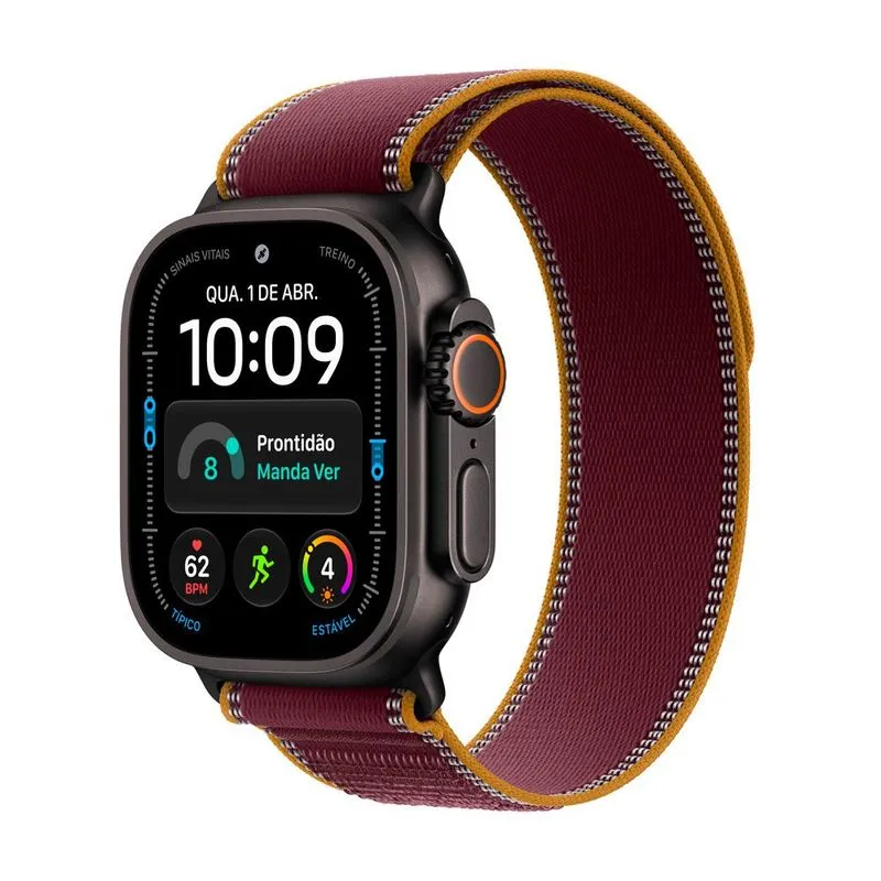 Apple Watch Ultra 4 (GPS + Cellular) 49mm Caixa Preta de Titânio com Pulseira Loop Trail Bordô P/M