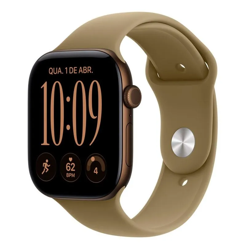 Apple Watch Series 12 (GPS + Cellular, 46 mm) Caixa de Alumínio Bronze Escuro com Pulseira Esportiva Oliva - P/M