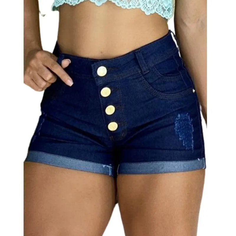 Short Jeans Feminino com Lycra Azul Escuro Cintura Alta Modelo Detonado