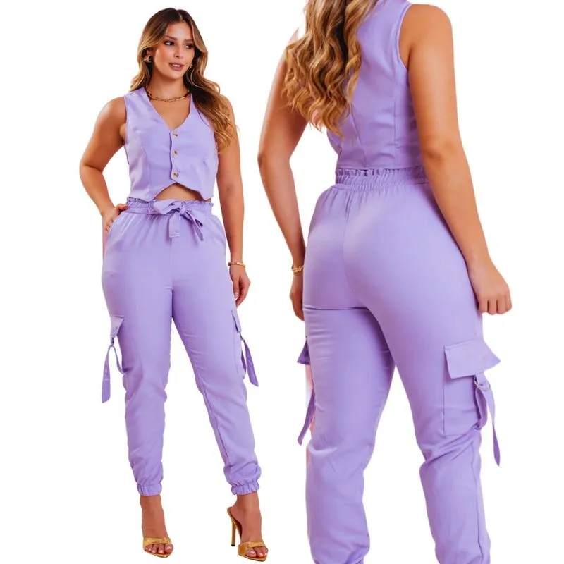 Conjunto Alfaiataria Feminino Cropped Fecho de Botões e Calça com Bolsos Funcionais Valoriza o Corpo