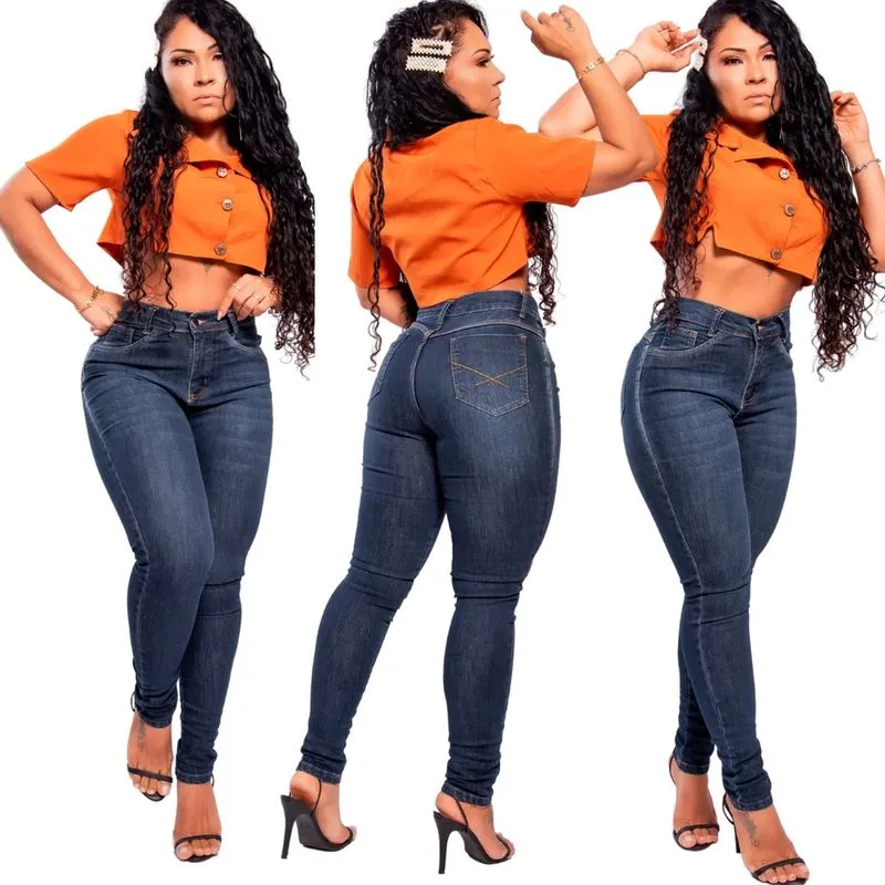 Calça Jeans Feminina c/lycra Botão azul