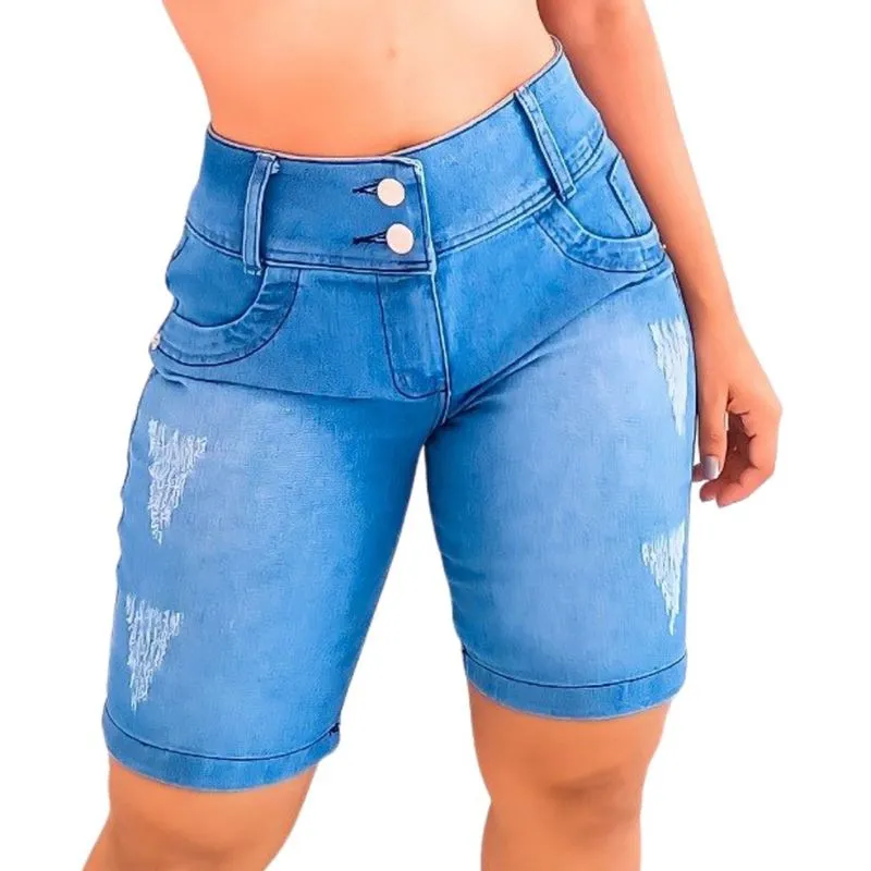 Bermuda Meia Coxa Jeans com Lycra Modelo Ciclista Da Moda Cintura Alta