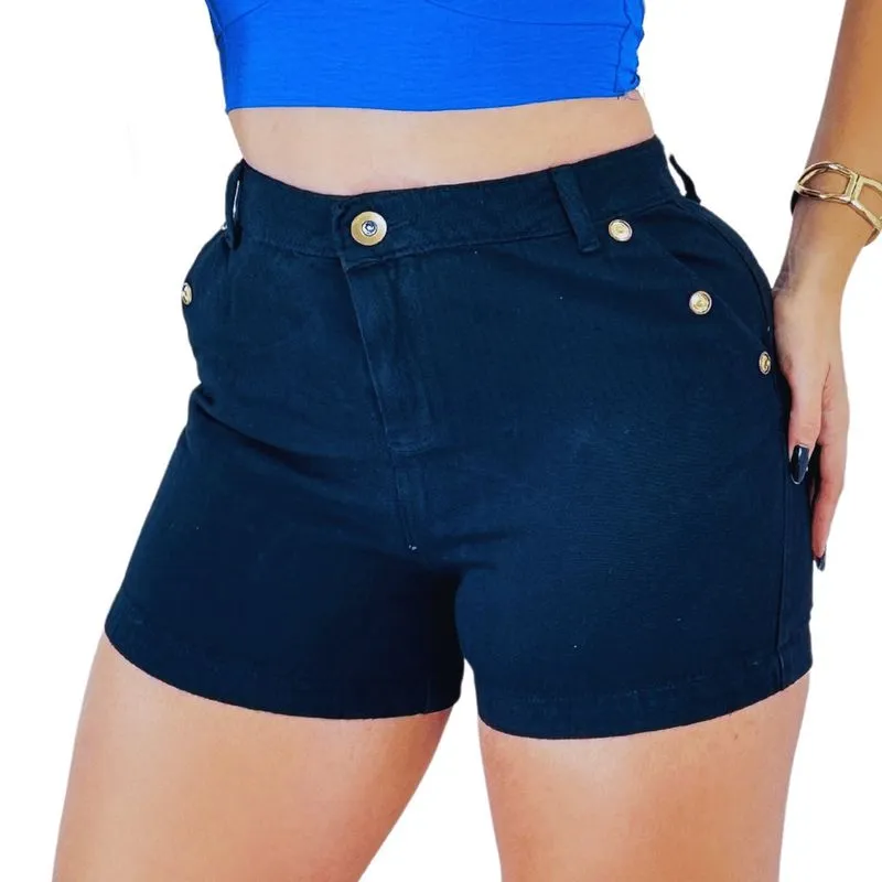 Short Jeans Feminino Azul Escuro Com Detalhe de Botões Nas Laterais