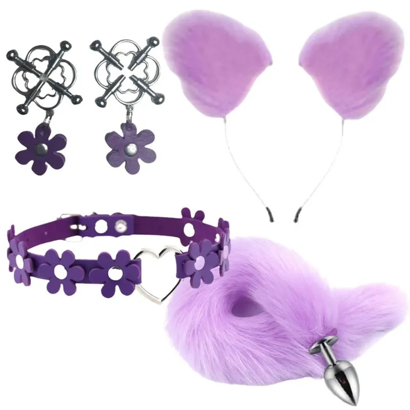 Kit Fox 4 em 1 com Tiara, Plug Anal, Coleira e Par de Grampos Me Ame