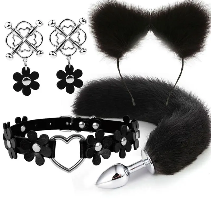 Kit Fox 4 em 1 com Tiara, Plug Anal, Coleira e Par de Grampos Me Ame