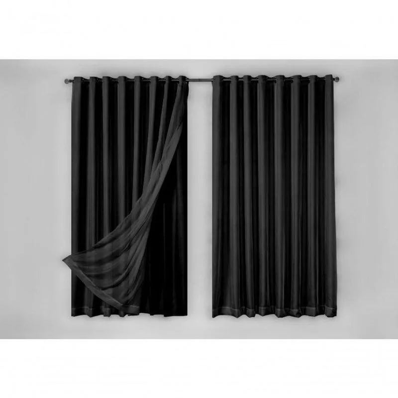 Cortina Microfibra Com Voil Para Varão Duplo 4,00x2,50m Poliéster Preto Ludatex