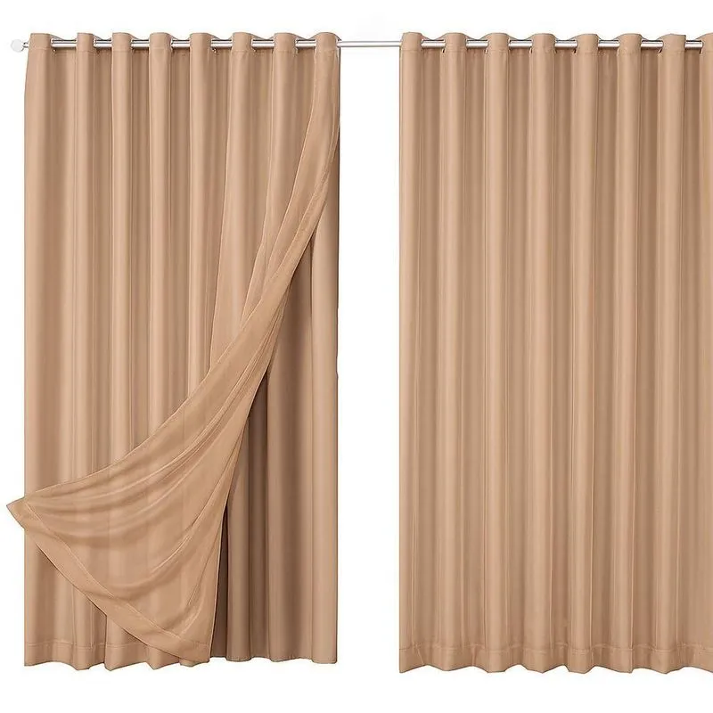 Cortina Blackout Com Voil 3,00x2,30 Para Varão Duplo Avelã Manual Ludatex