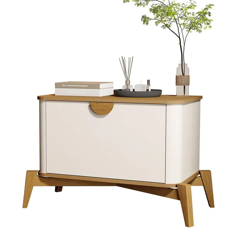 Mesa De Cabeceira Buriti Com 1 Porta E Pés De Madeira Maciça Off White/nature