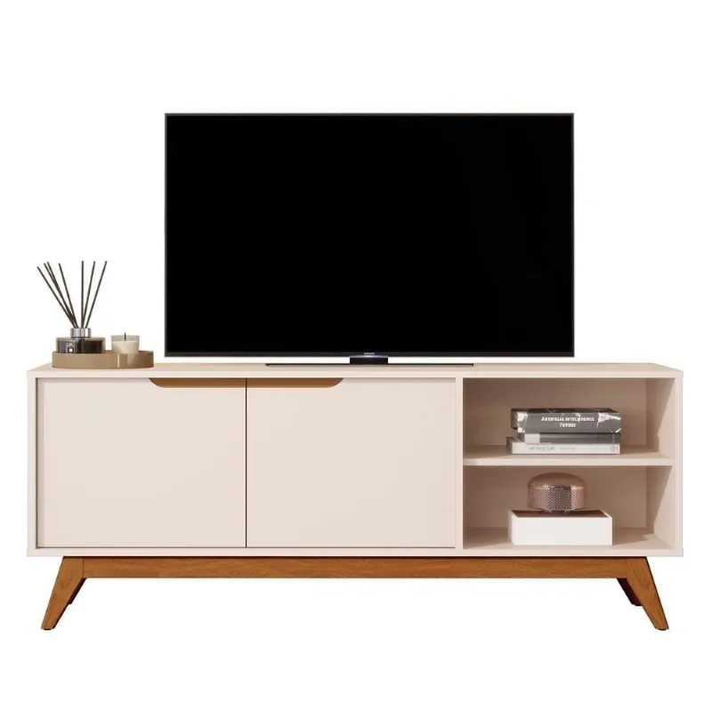 Rack Bancada Tucumã 1.4 Tv Até 60 Pol. Pés De Madeira Maciça Off White