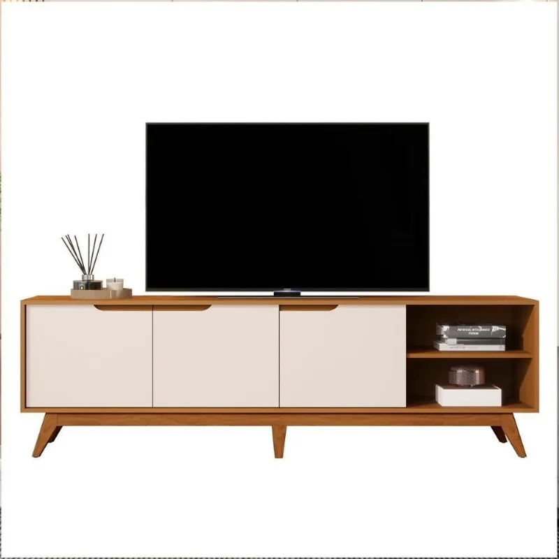 Rack Bancada Tucumã 1.8 Tv Até 75 Pol. Pés De Madeira Maciça Nature-off White