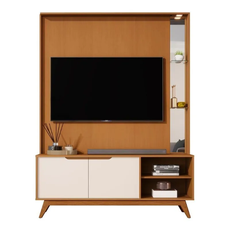 Home Tucumã 1.4 Tv Até 60 Pol. Pés De Madeira Maciça E Led Nature-off White