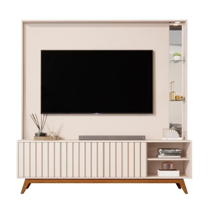 Home Estante Açaí 1.8 Com Led Sala Para Tv Até 75 Com Espelho Off White