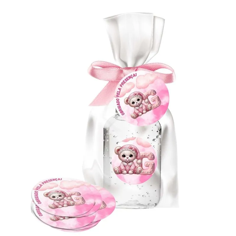 25 Lembrancinhas Alcool Gel Ursinha Rosa Alfabeto Letra G