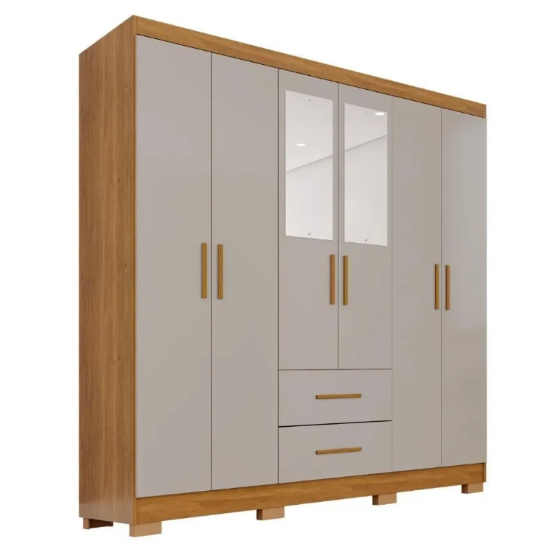 Guarda Roupa Casal Catar Premium 6 Portas de Bater 2 Gavetas MDP Cinamomo-off Catarina 150CM