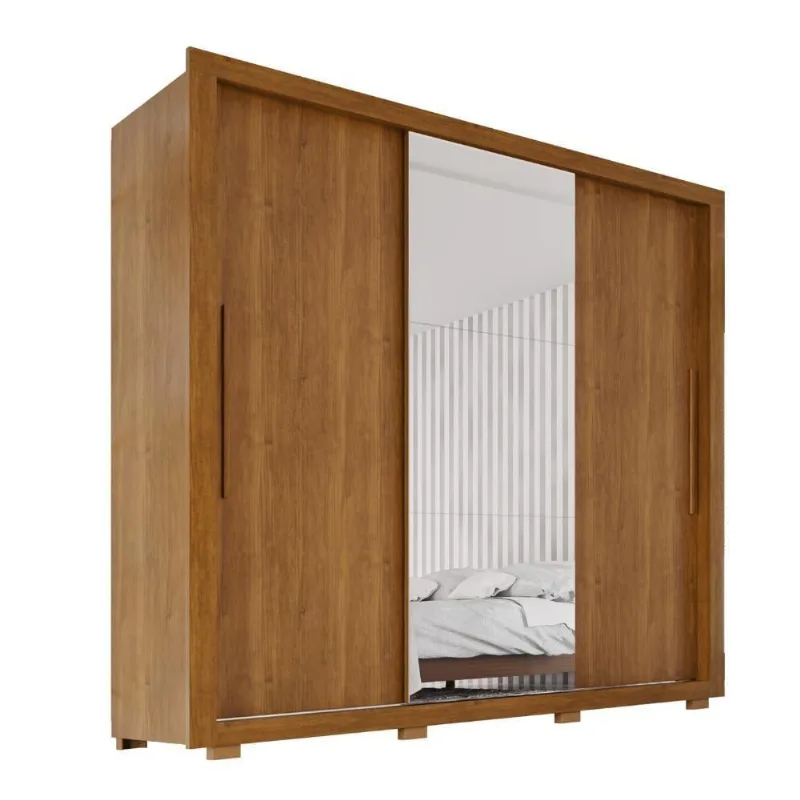Guarda Roupa Casal Luna 3 Portas de Correr 4 Gavetas MDP MDF com Espelho Cinamomo Luna 185.5CM