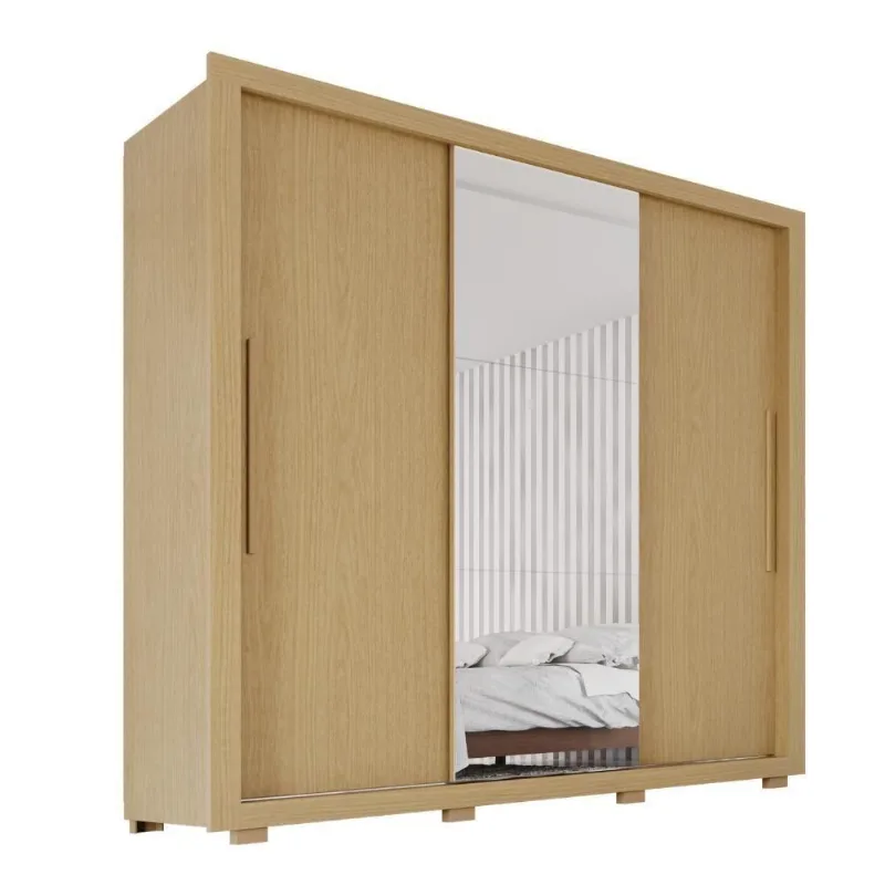 Guarda Roupa Casal Luna 3 Portas de Correr 4 Gavetas MDF MDP com Espelho Amadeirado Ypê 185.5CM