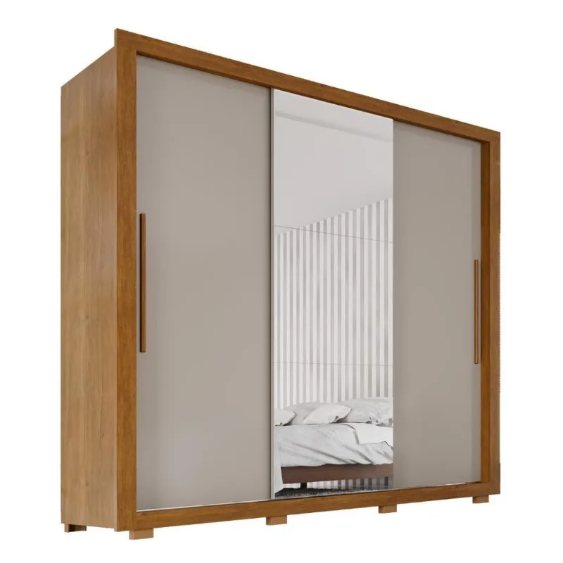 Guarda Roupa Casal Luna 3 Portas de Correr 4 Gavetas MDP MDF com Espelho Cinamomo-off Luna 185CM