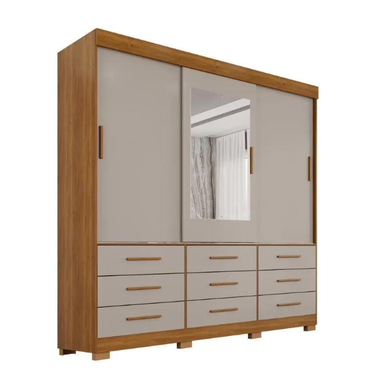 Guarda Roupa Casal Montreal Supremo 3 Portas de Bater 9 Gavetas com Espelho Cinamomo-off 180CM