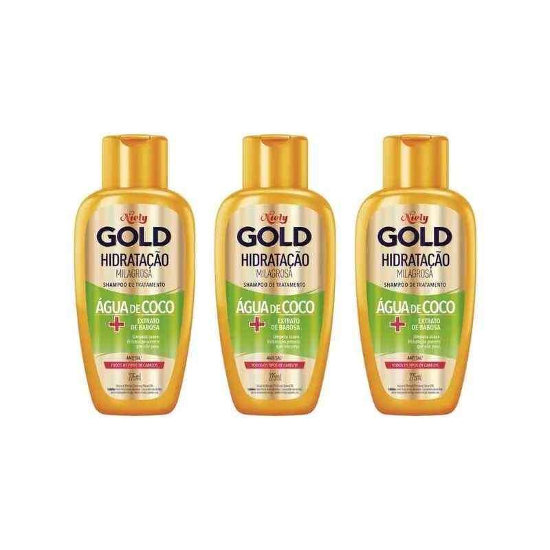 Shampoo Niely Gold 275Ml Agua Coco Hidratação - Kit C/3Un