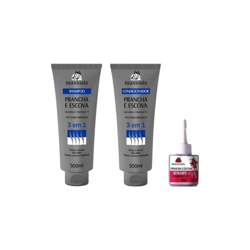 Kit Prancha E Escova 3 Em 1 Maxihair Shamp + Cond + Rep Pontas