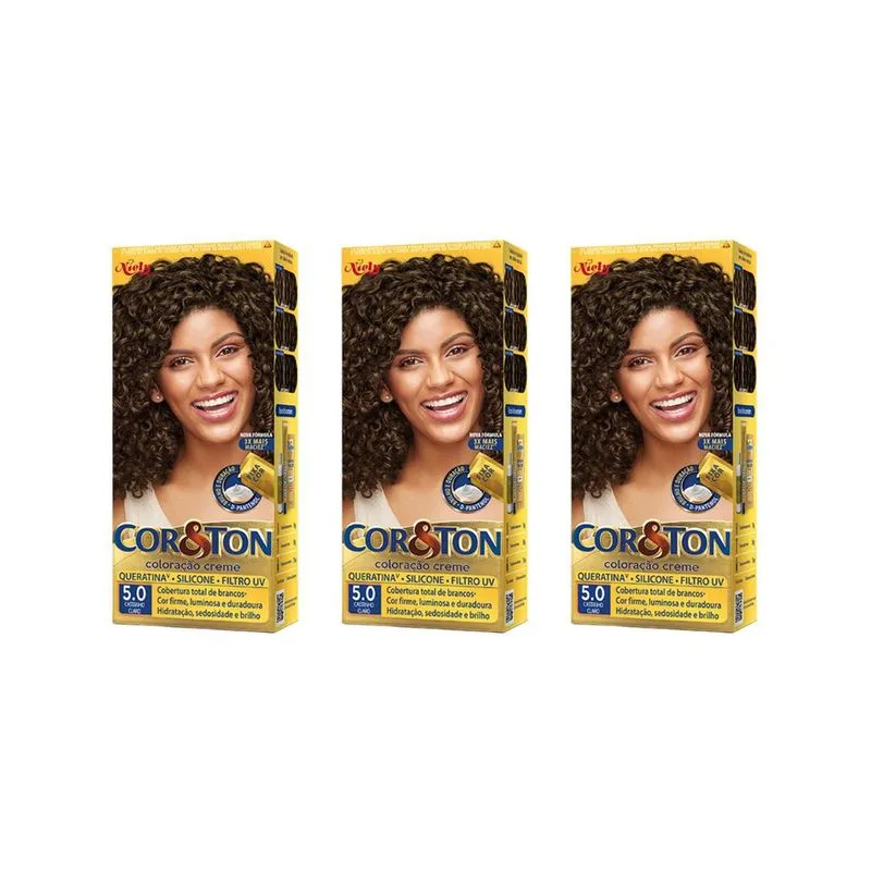 Coloraçao Cor&Ton 5.0 Castanho Claro 50g-Kit C/3
