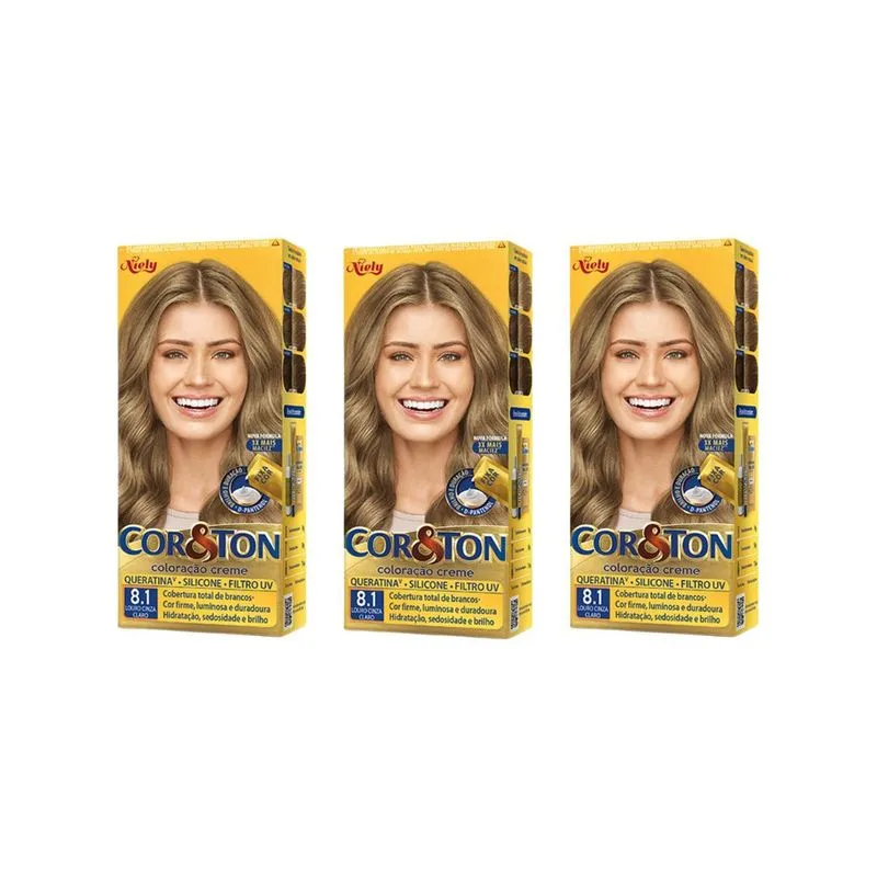 Coloraçao Cor&Ton 8.1 Louro Cinza Claro 50g-Kit C/3