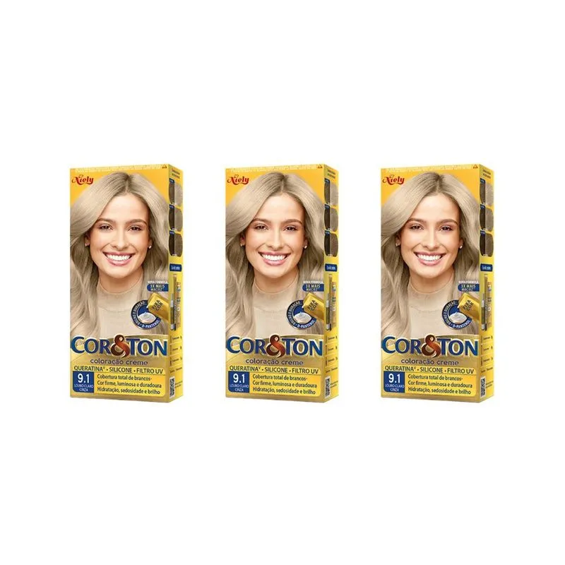 Coloraçao Cor&Ton 9.1 Louro Claro Cinza 50g-Kit C/3