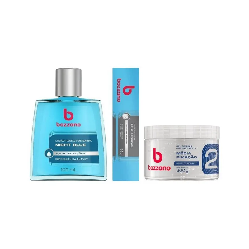 Kit Bozzano Cr Barb Pele Sens+loção Night Blue+gel Fix Inc