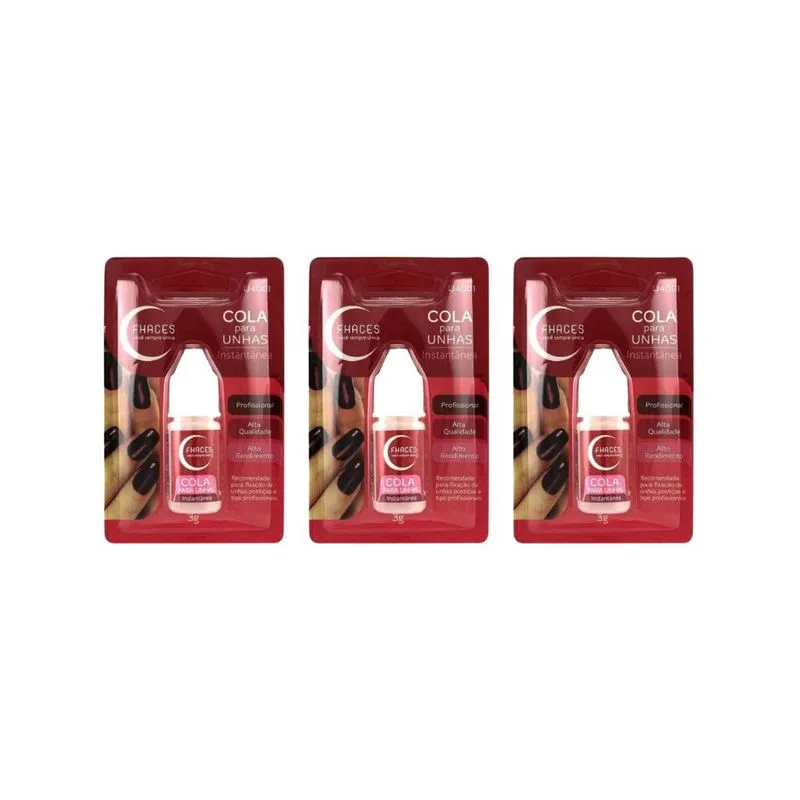 Cola Para Unhas Postiças Fhaces 3g - Kit c/ 3un