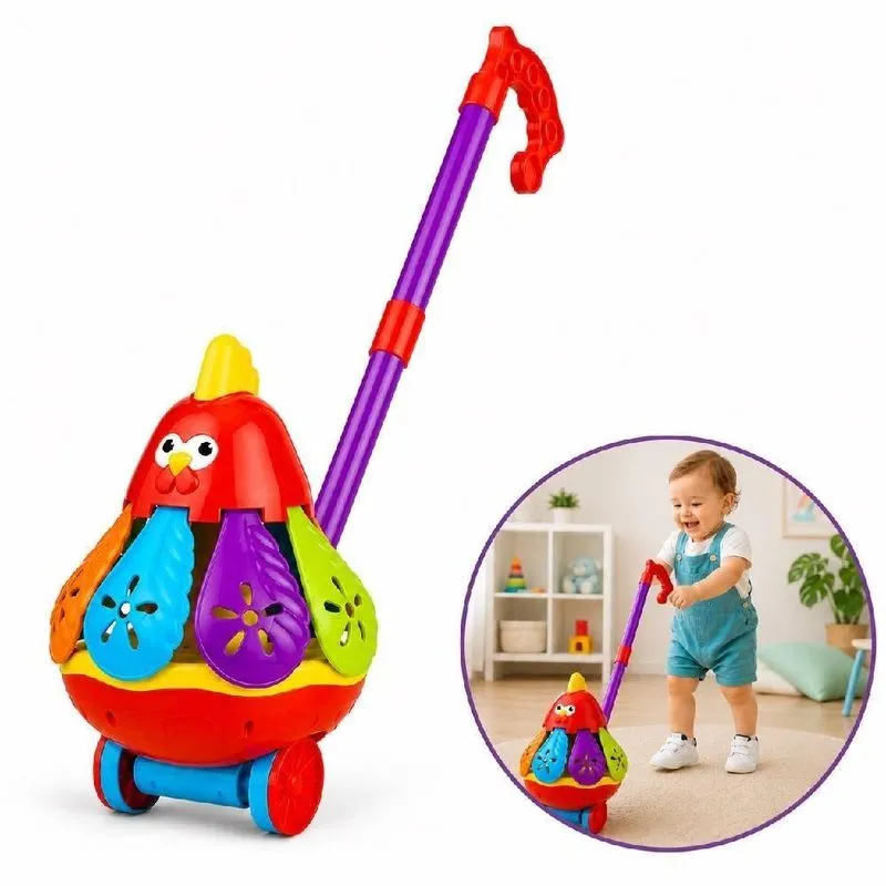 Carrinho De Empurrar Infantil Galinha Musical Educativo Didático Com Campainha Manual Penas