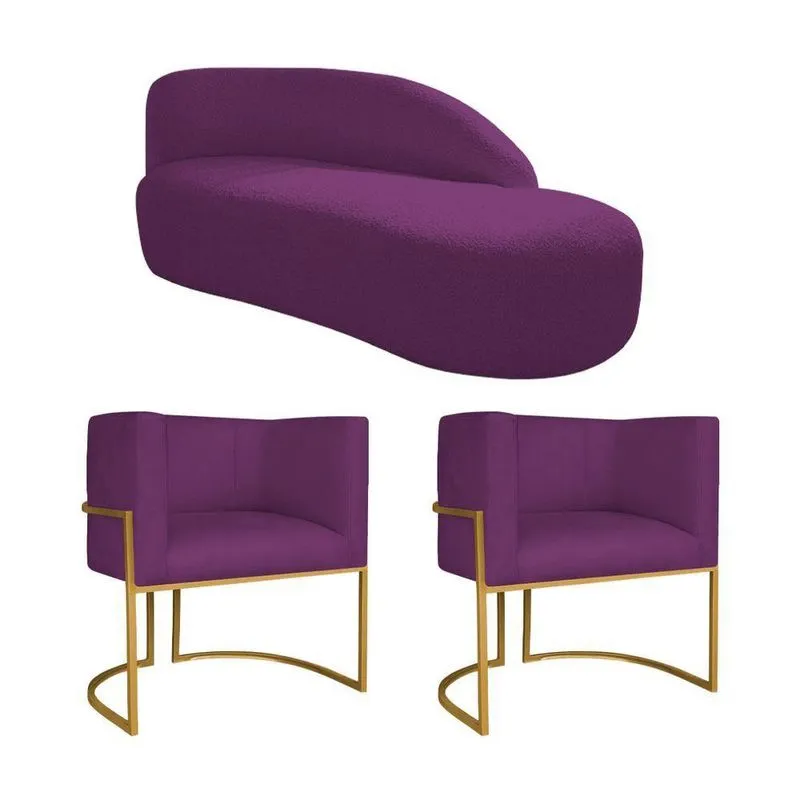 Kit Divã Luna 160cm Lado Direito E 02 Poltronas Base De Ferro Dourado Suede Roxo