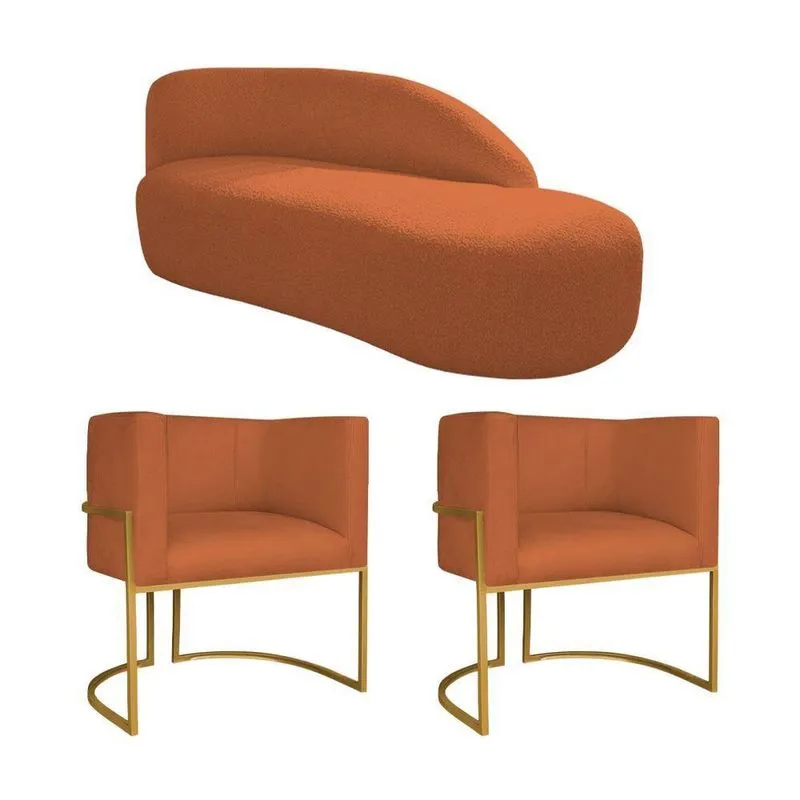 Kit Divã Luna 160cm Lado Direito E 02 Poltronas Base De Ferro Dourado Suede Terracota
