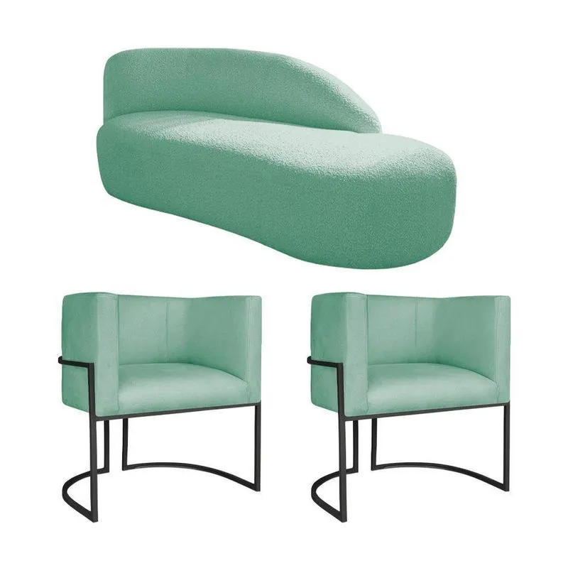 Kit Divã Luna 160cm Lado Direito E 02 Poltronas Base De Ferro Preto Suede Azul Tiffany