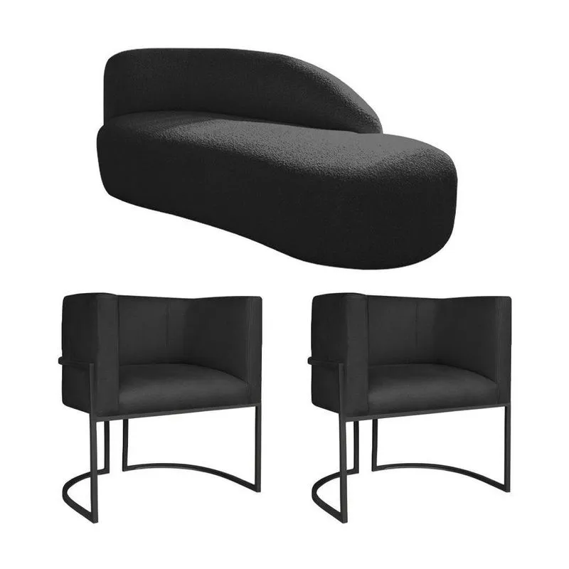 Kit Divã Luna 160cm Lado Direito E 02 Poltronas Base De Ferro Preto Suede Preto