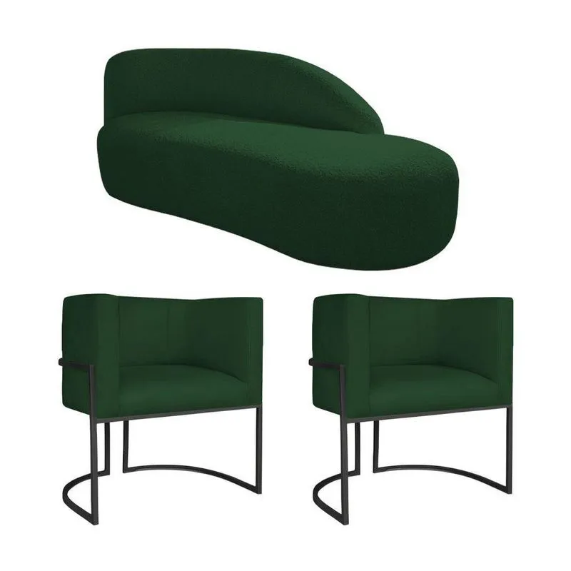 Kit Divã Luna 160cm Lado Direito E 02 Poltronas Base De Ferro Preto Suede Verde